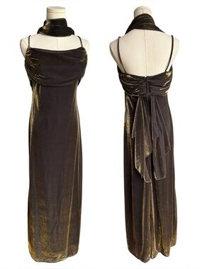 Vintage Y2K Metallic Evening Gown Maxi Dress Small Black Gold Prom Formal Scarf
